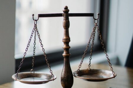 judgement scale and gavel in judge office