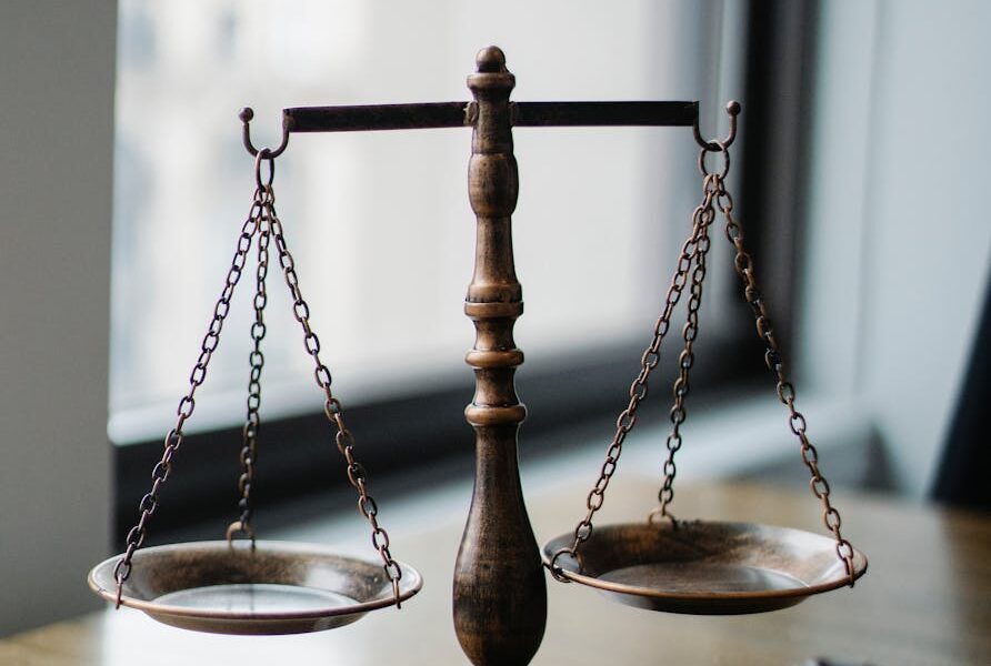 judgement scale and gavel in judge office